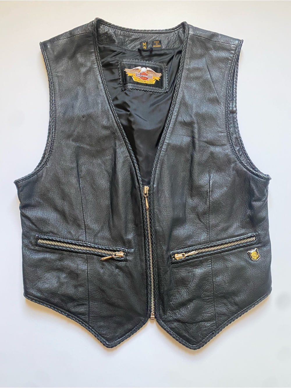 Harley Davidson VINTAGE Black Leather Zip Front Vest